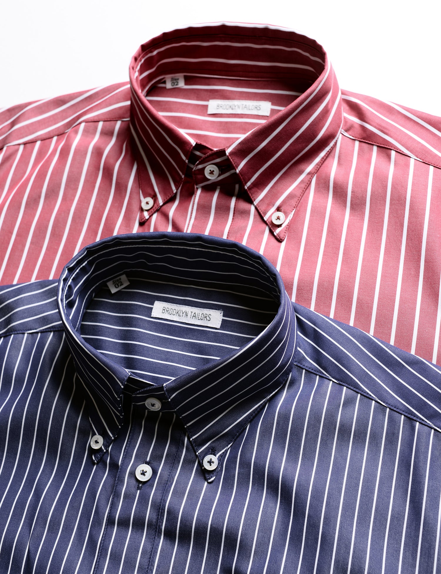 Collar detail shot of two colors of Brooklyn Tailors BKT14 Relaxed Shirts in Big Stripe