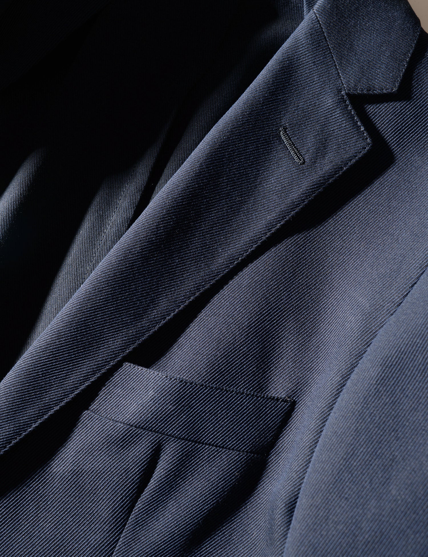Detail shot showing lapel and fabric texture on Brooklyn Tailors BKT35 Unstructured Jacket in Cavalry Twill - Navy
