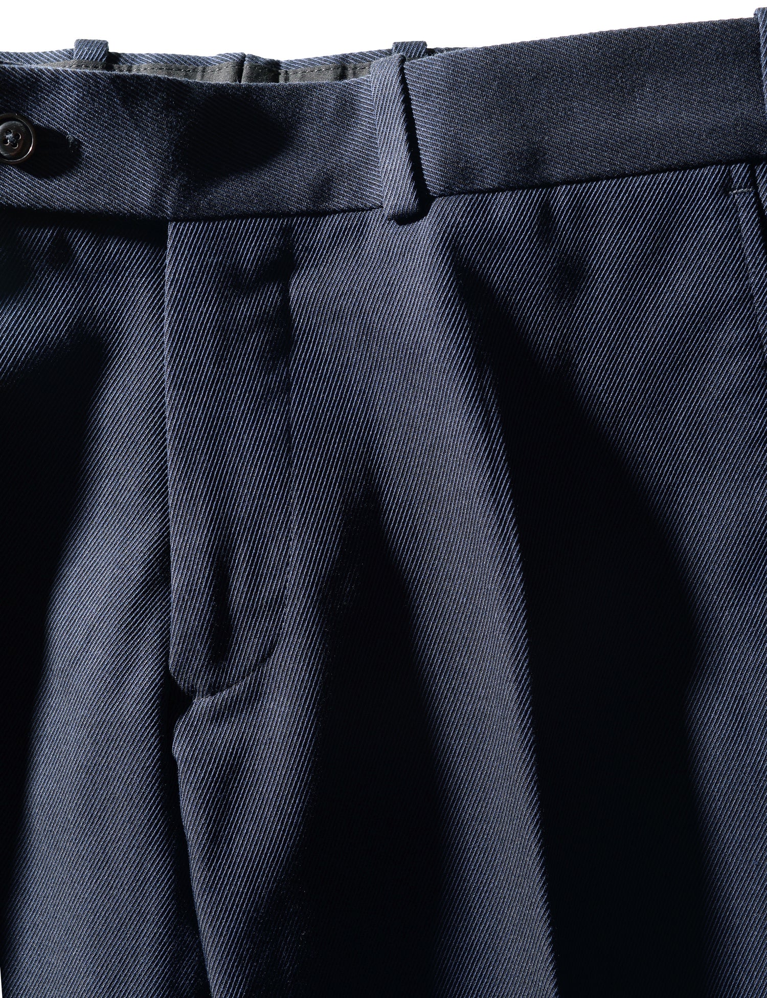 Detail shot of Brooklyn Tailors BKT50 Tailored Trousers in Cavalry Twill - Navy showing front, waistband and fabric texture