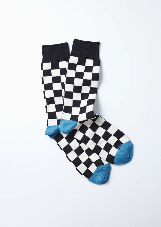 Flat photo of Rototo Checkerboard Crew Socks - Black and White