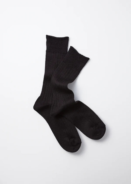 Flat shot of Rototo Cotton Linen Ribbed Crew Socks - Black