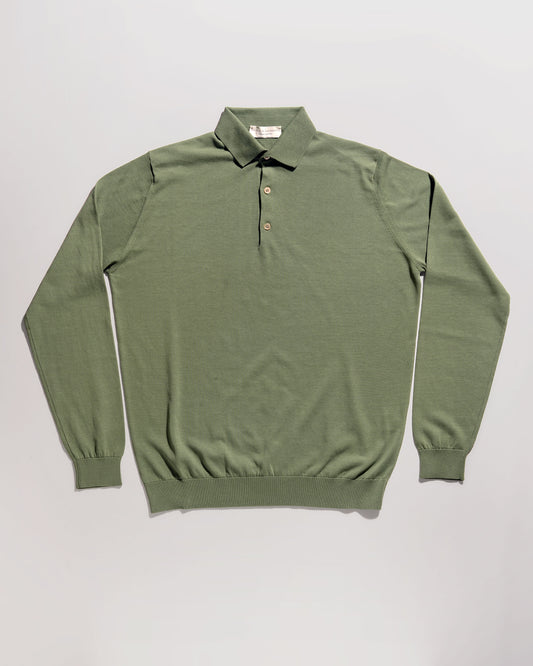 Long Sleeve Polo Shirt in Crepe Cotton - Verde