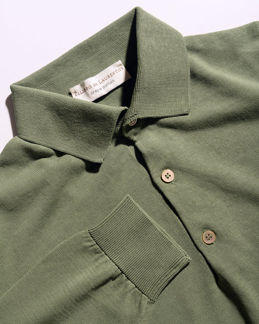 Long Sleeve Polo Shirt in Crepe Cotton - Verde