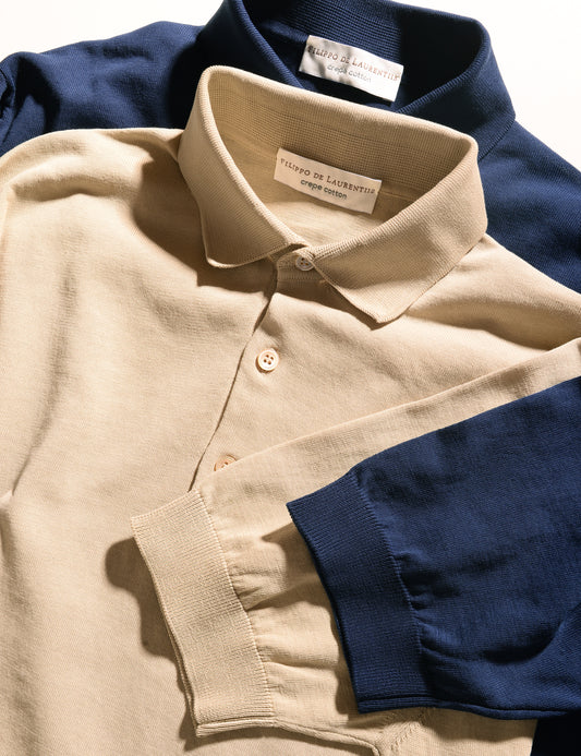 Shot of two colors of Filippo de Laurentiis cotton crepe polos to show collar, cuff, buttons, and color