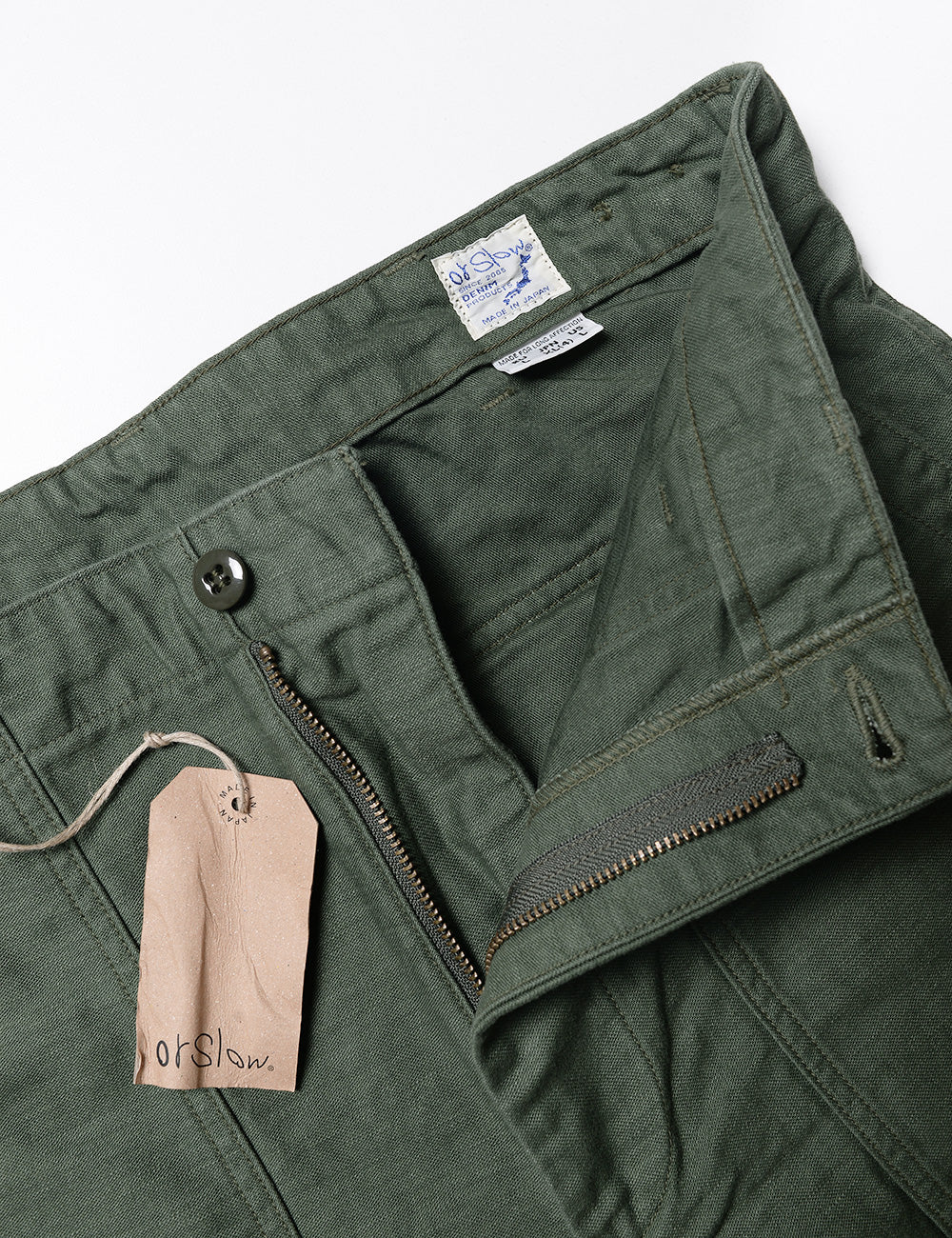 Detail of Orslow US Army Fatigue Shorts  - Army Green with open fly