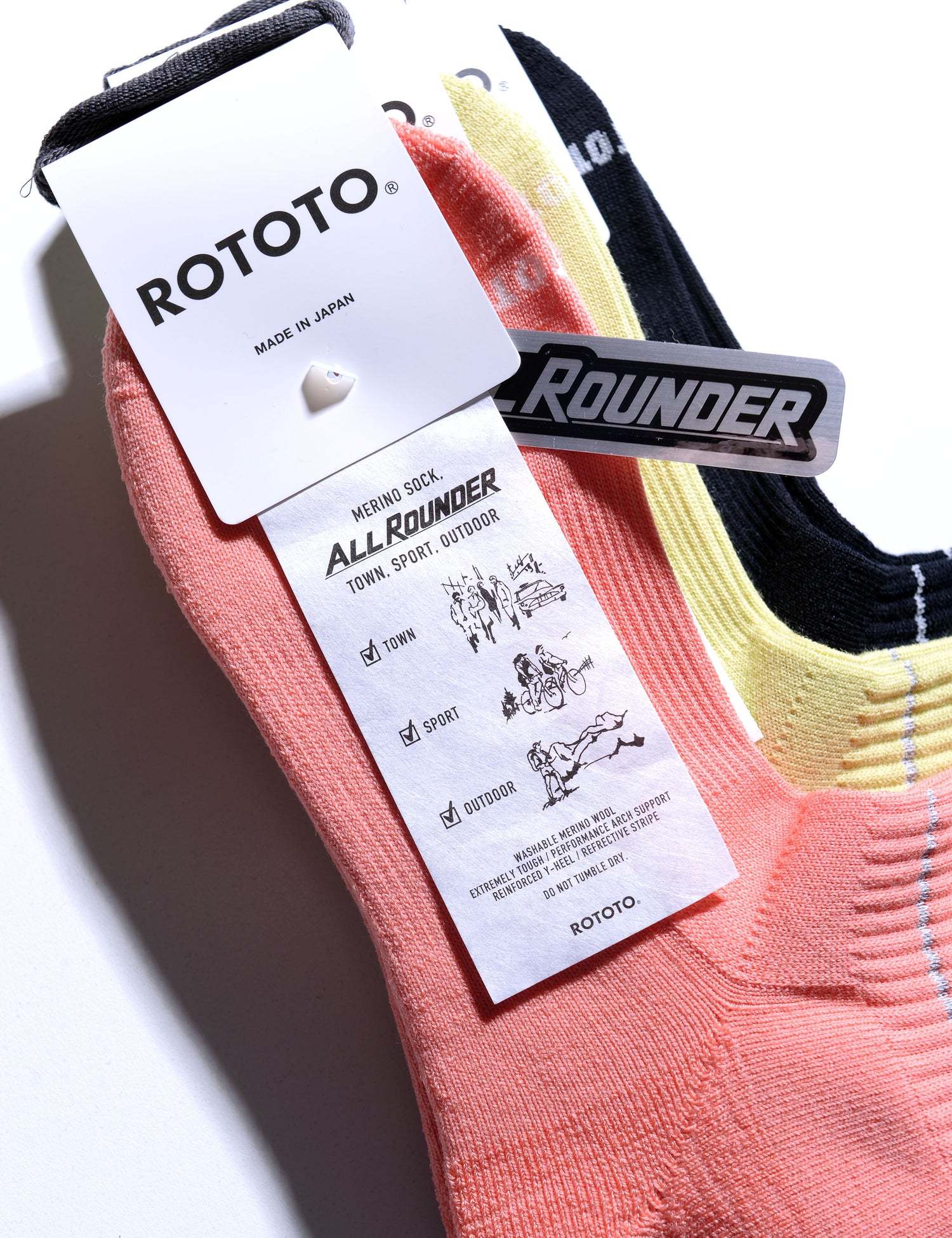 Photo of the three colors of Rototo Allrounder socks that we carry