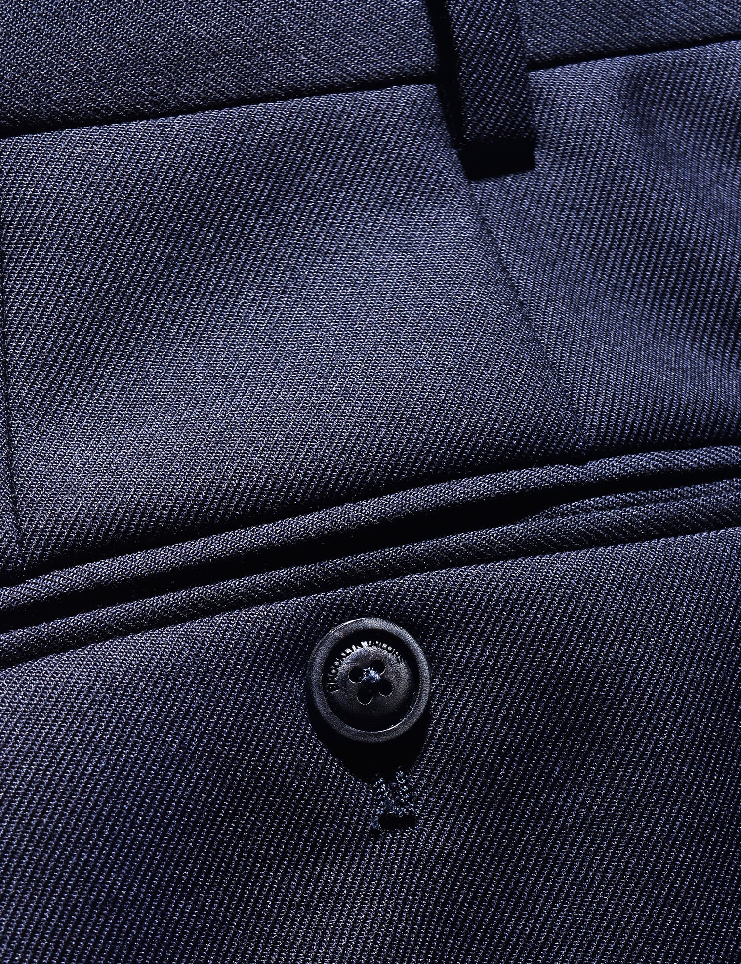 Close-up shot of back pocket on Brooklyn Tailors BKT36 Straight Leg Trouser in Sturdy Wool Twill - Midnight Blue