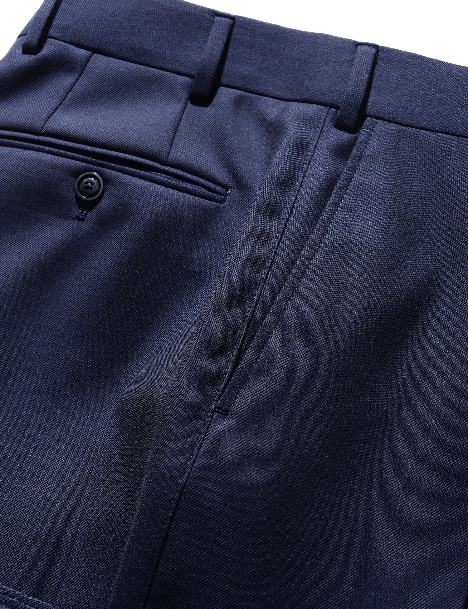 Detail of side of Brooklyn Tailors BKT36 Straight Leg Trouser in Sturdy Wool Twill - Midnight Blue showing waistband, back pocket, side pocket, and fabric texture