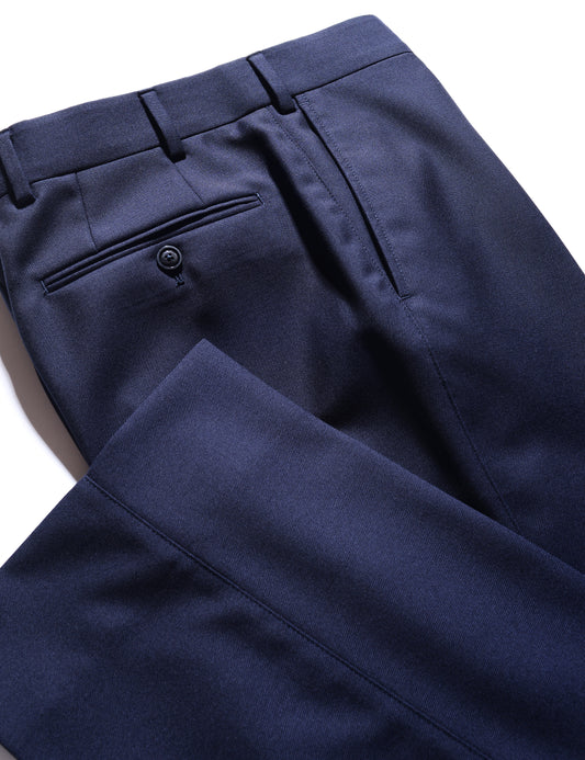 Detail shot showing back pocket, waistband, cuff, and fabric texture on Brooklyn Tailors BKT36 Straight Leg Trouser in Sturdy Wool Twill - Midnight Blue