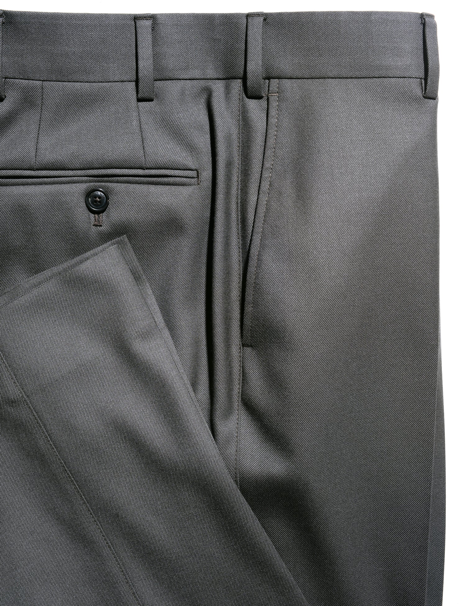 Side detail shot of Brooklyn Tailors BKT36 Straight Leg Trouser in Sturdy Wool Twill - Shale showing waistband, back pocket, side pocket, and hem