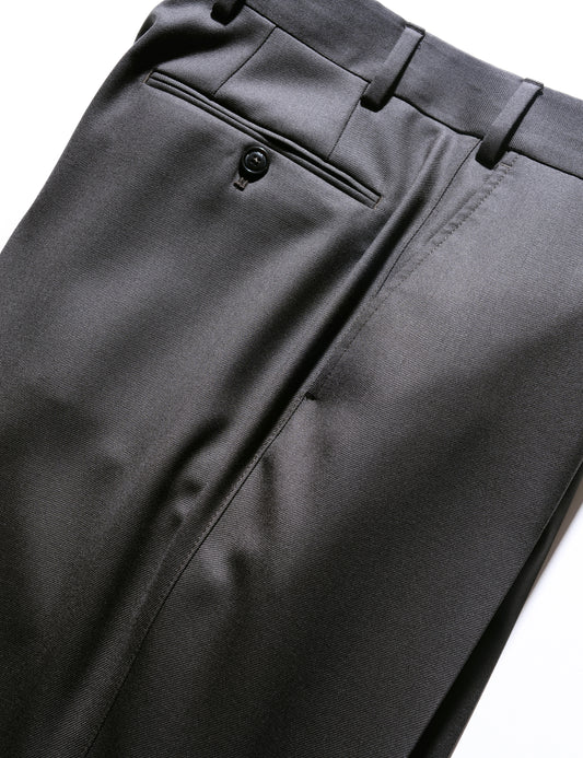 Side detail shot of Brooklyn Tailors BKT36 Straight Leg Trouser in Sturdy Wool Twill - Shale showing back pocket, side pocket, waistband, and fabric texture
