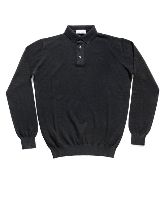 Long Sleeved Polo in Cotton Cashmere Waffle - Black