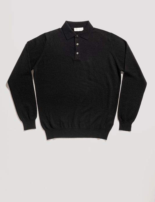 Wool Cashmere Long Sleeved Polo - Black