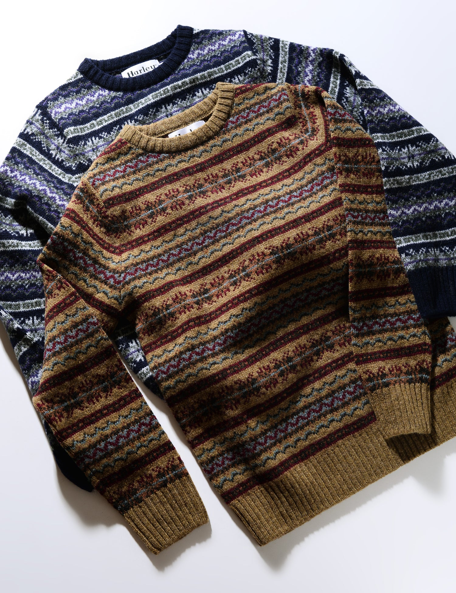 Full length photo of two colors of Harley of Scotland Fair Isle Shetland Sweaters