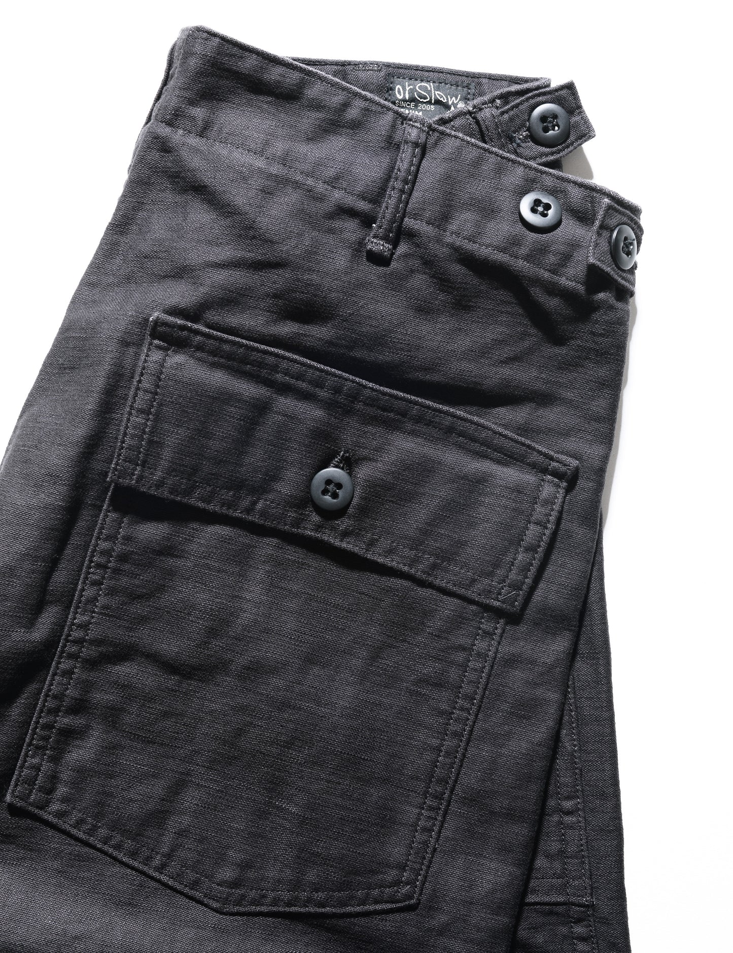 Back pocket detail of Orslow US Army Fatigue Trousers - Black