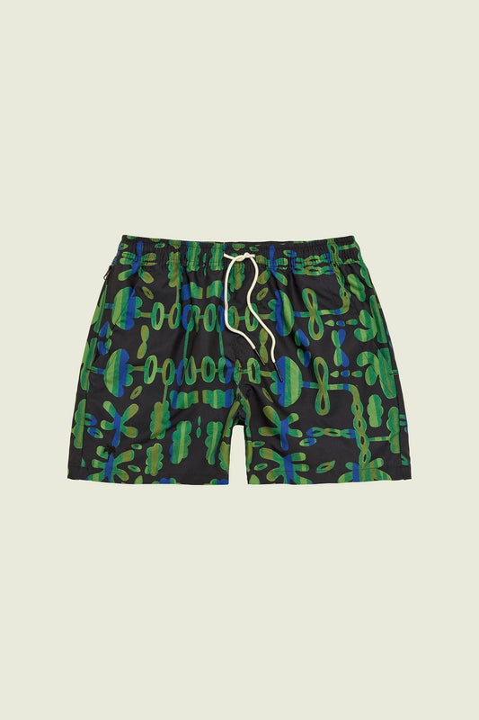 Flat front shot of OAS Feral Galbanum Swim Shorts