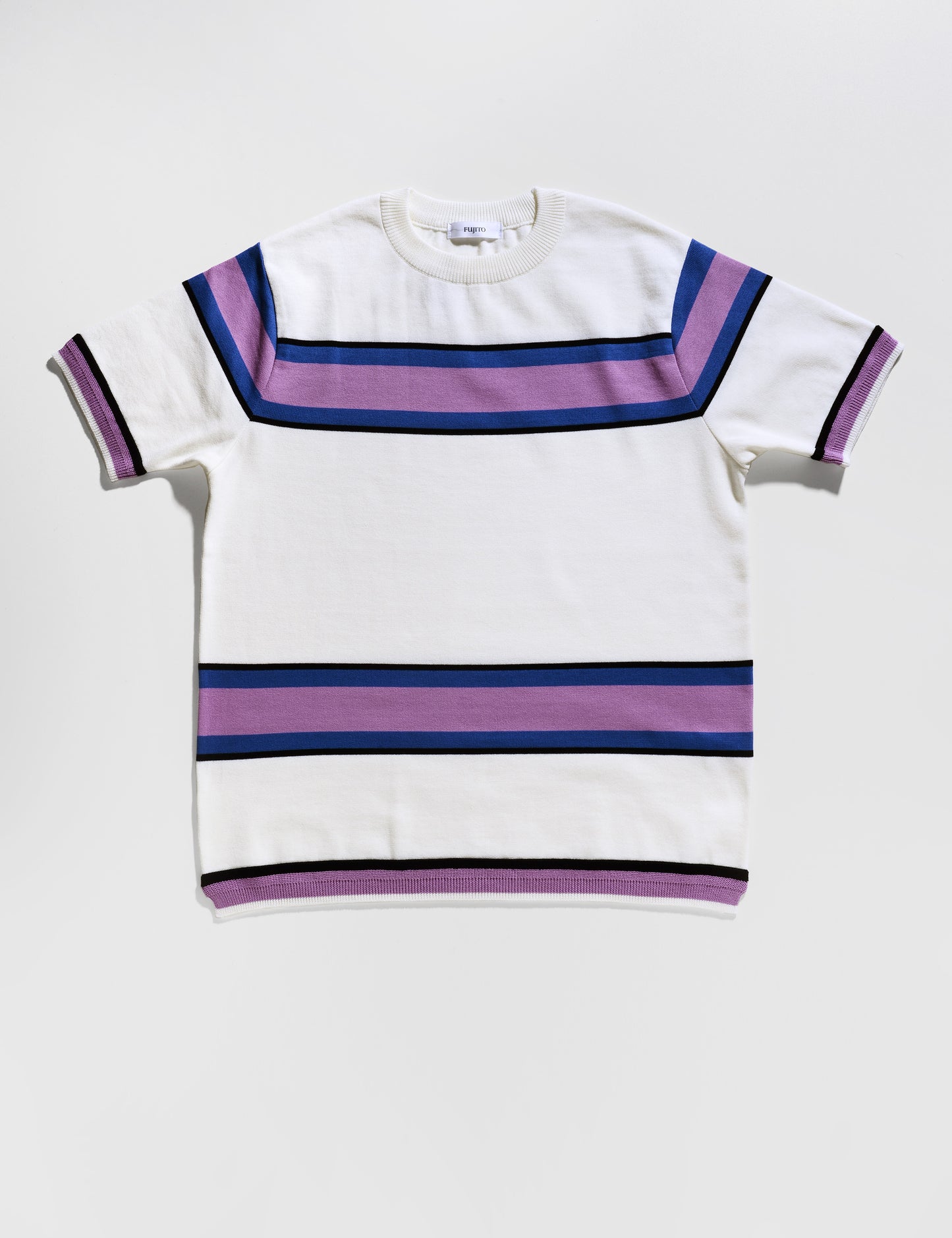 Flat shot of Fujito Knit Shirt in White and Purple Stripe