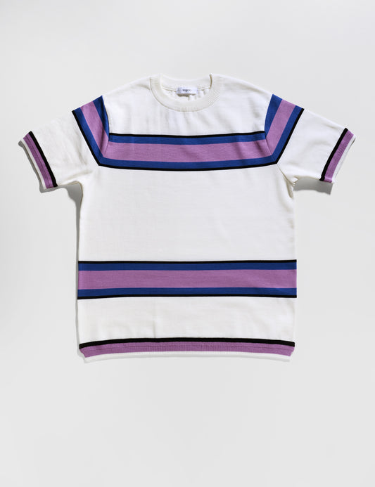 Flat shot of Fujito Knit Shirt in White and Purple Stripe
