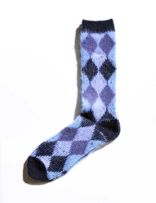 Flat shot of Anonymous Ism Napping Diamond Jacquard Crew Socks - Blue Mix