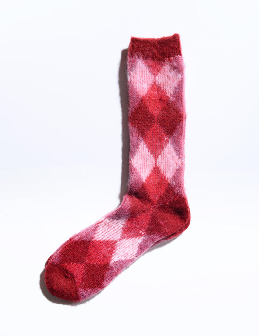 Flat shot of Anonymous Ism Napping Diamond Jacquard Crew Socks - Red Mix