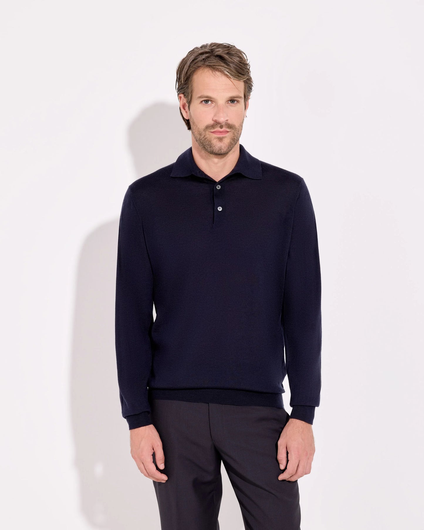 Wool Cashmere Long Sleeved Polo - Gray