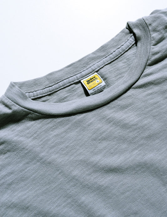 Detail of Velva Sheen Long Sleeve Crewneck T-Shirt in Gray showing collar and label