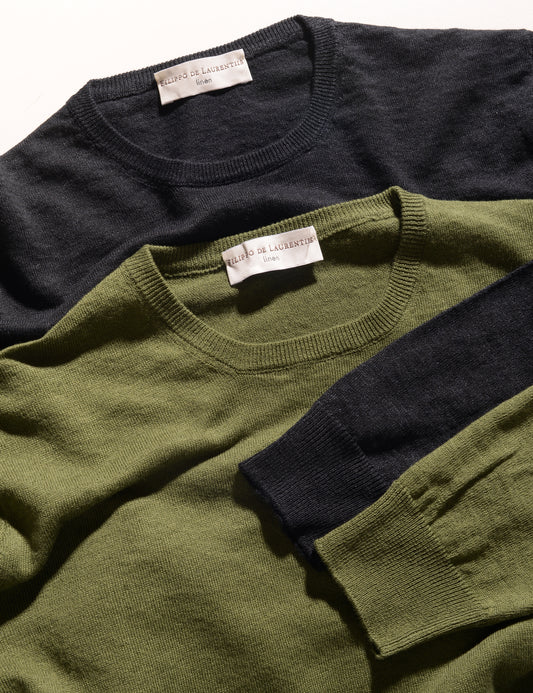 Close-up of two colors of Filippo de Laurentiis Linen/Cotton Crewneck Sweaters to show neck and colors 