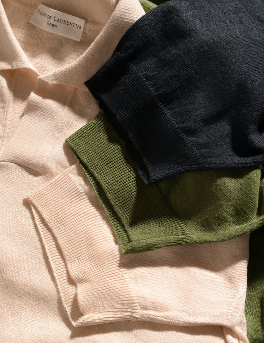Close-up shot of three colors of Filippo de Laurentiis linen/cotton skipper polo to show sleeve band and colors