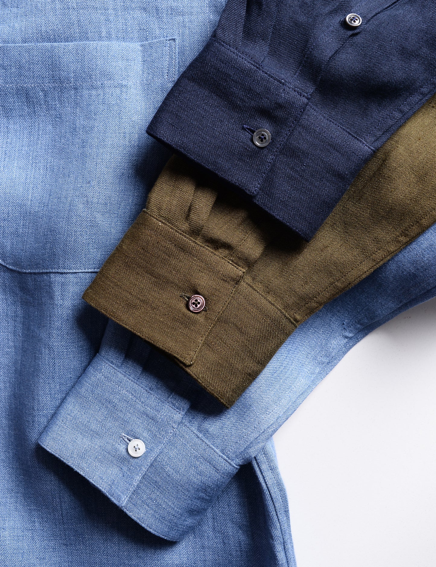 Cuff shot of three colors of Brooklyn Tailors Relaxed Casual Shirts in Linen Twill 
