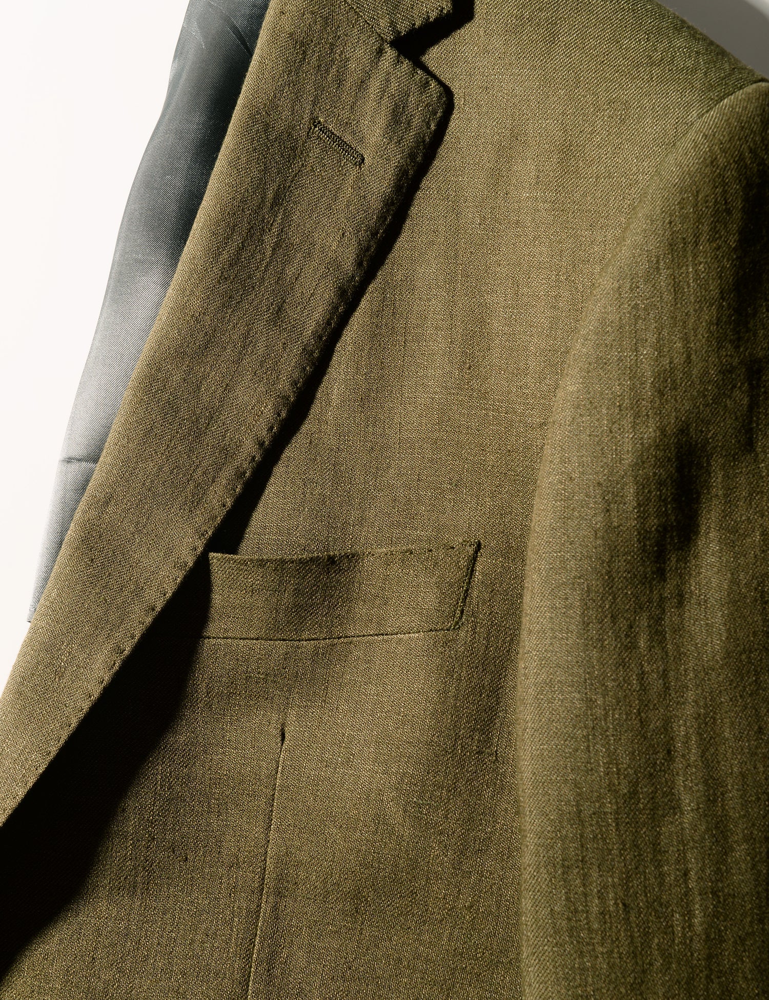 Detail shot of Brooklyn Tailors BKT50 Tailored Jacket in Linen Twill - Moss showing lapel, chest pocket