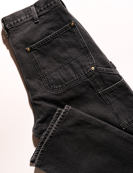 Detail of Orslow Relaxed Fit Painter Pants in Denim - Stonewash Black showing back pocket and hem