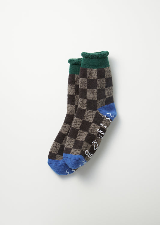 Checkerboard Pile Room Socks - Dark Green/Blue