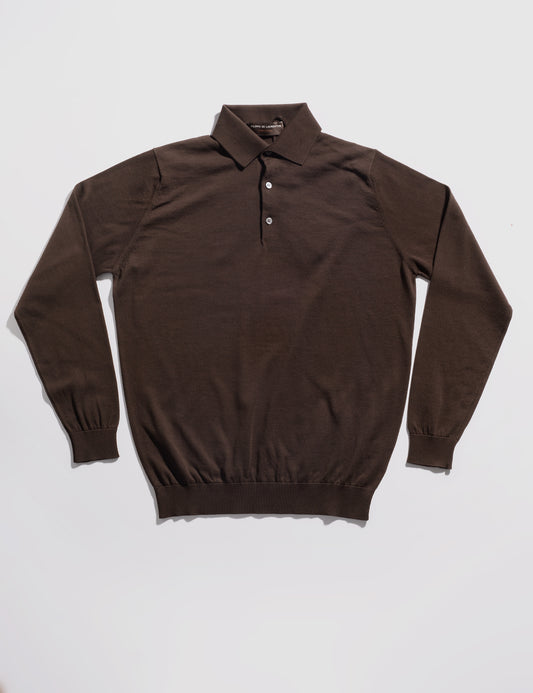 Long Sleeve Polo Shirt in Crepe Cotton - Brown