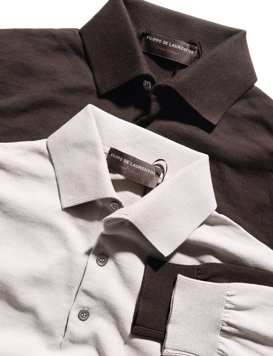 Long Sleeve Polo Shirt in Crepe Cotton - Putty Gray