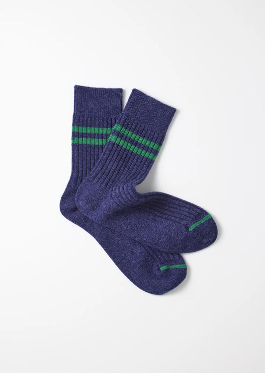 Merino Lambswool Striped Socks - Navy Blue/Green