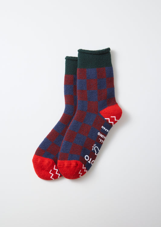 Checkerboard Pile Room Socks - Dark Green/Red