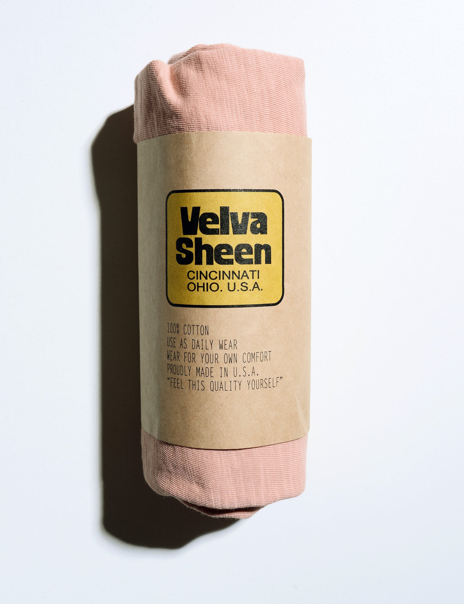 Photo of Velva Sheen Crewneck T-Shirt in Clay rolled in packaging