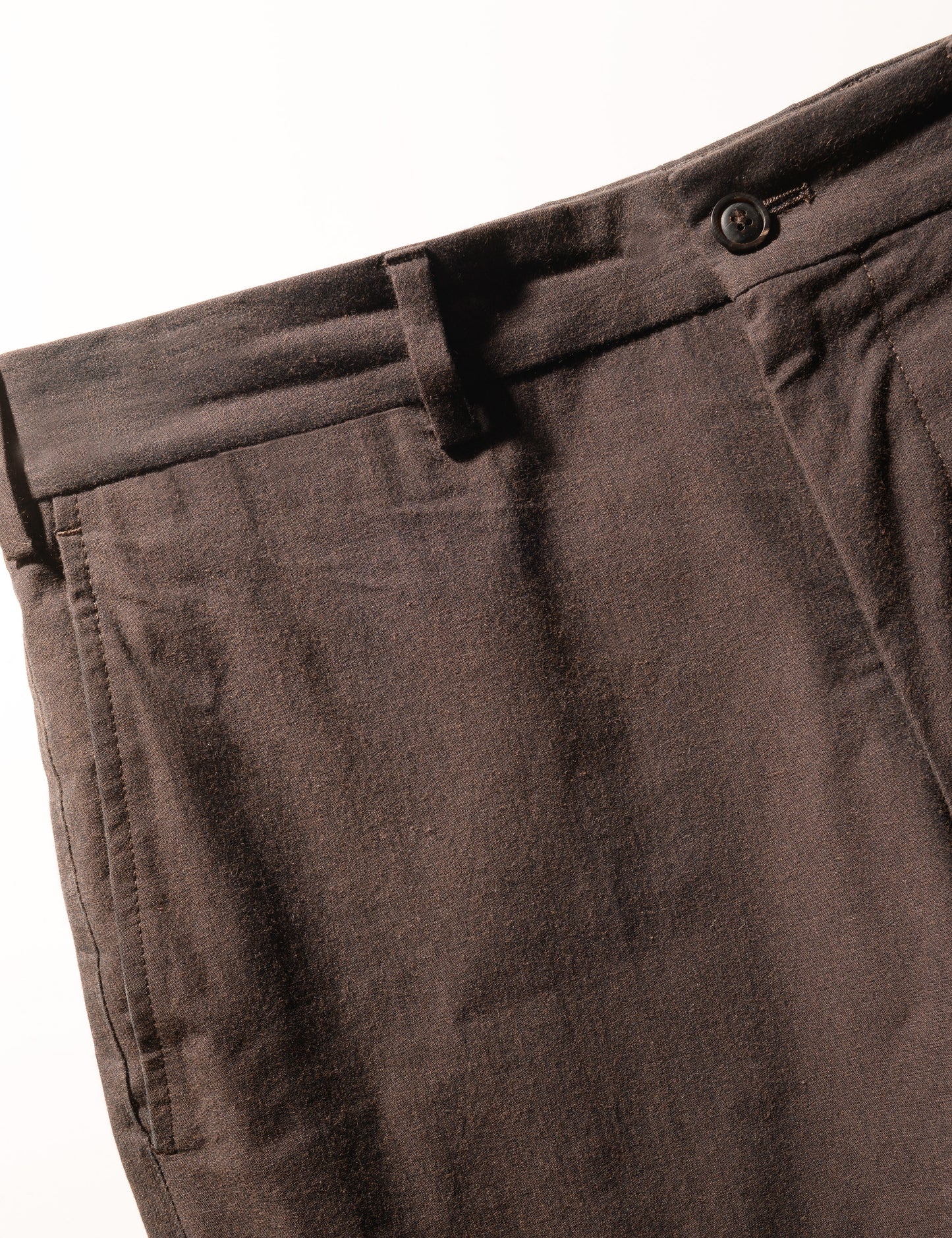 Detail shot showing waistband, pocket , and fabric texture on Brooklyn Tailors BKT36 Straight Leg Pant in Crisp Cotton Blend - Walnut