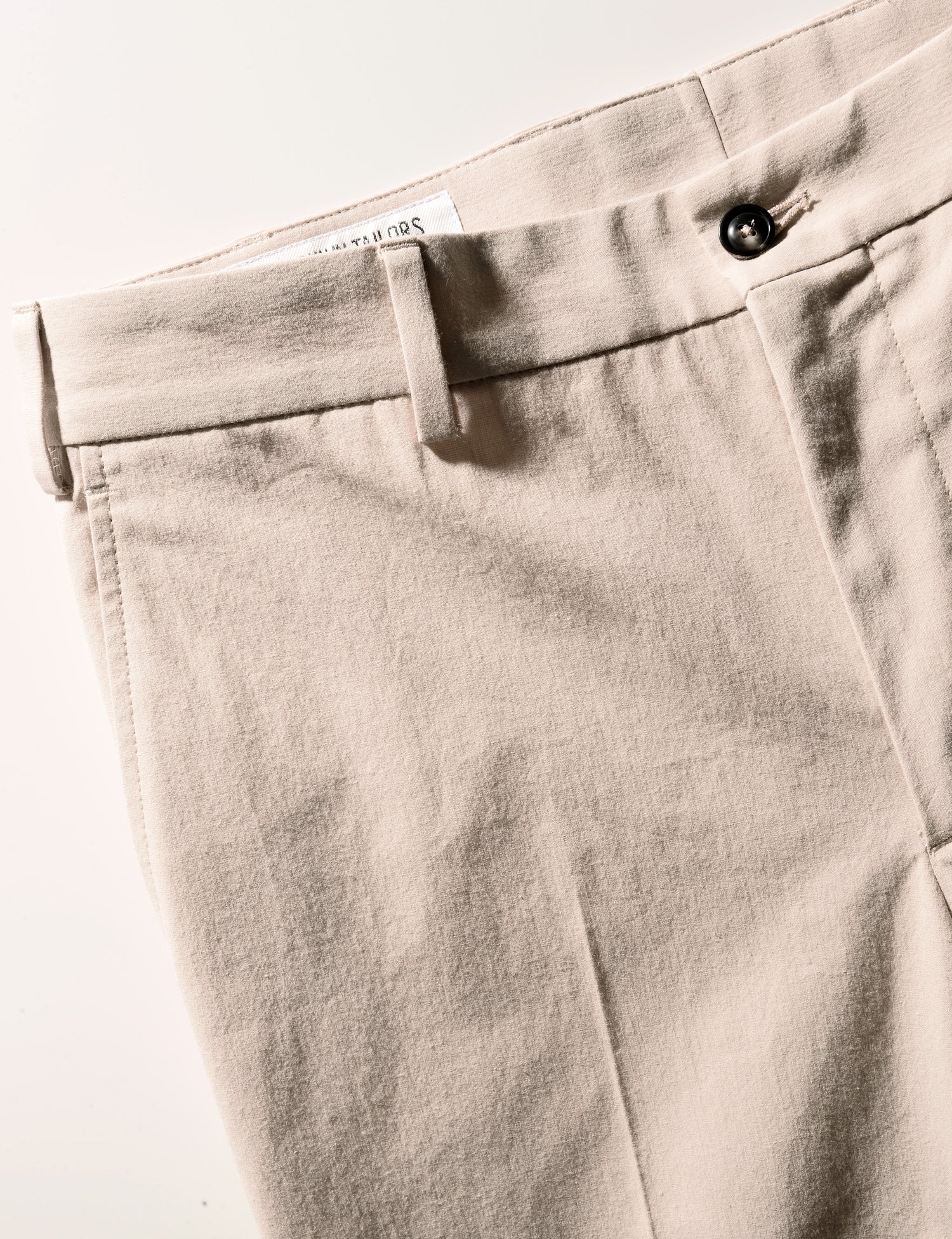 Detail shot of waistband and pocket of Brooklyn Tailors BKT36 Straight Leg Pant in Crisp Cotton Blend - Desert Sand