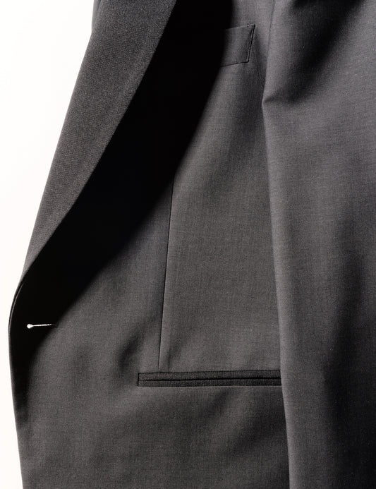 Detail shot of Brooklyn Tailors BKT50 Shawl Collar Dinner Jacket in Wool & Mohair - Gunmetal Gray showing lapel, pocket, and fabric texture