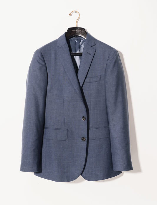 Brooklyn Tailors BKT50 Tailored Jacket in Rustic Tropical Wool - Montana Blue full length shot on hanger