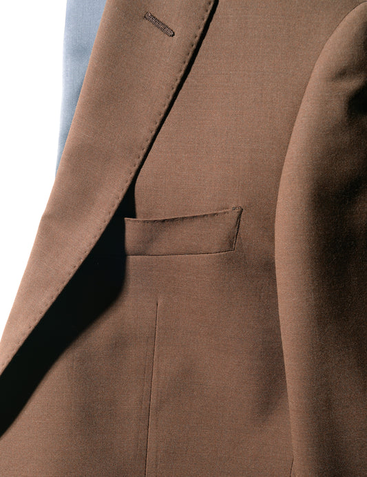 Detail shot of Brooklyn Tailors BKT50 Tailored Jacket in Heathered Plainweave - Tawny Brown showing lapel, sleeve, and chest pocket
