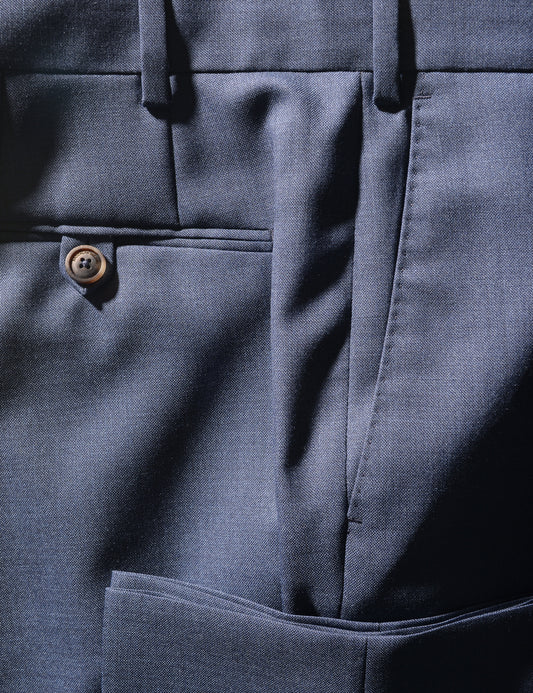 Detail of BKT50 Tailored Trousers in Rustic Tropical Wool - Montana Blue showing back pocket