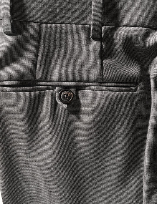 Close up of BKT50 Tailored Trousers in Wool Sharkskin - Salt and Pepper Gray showing back pocket and fabric color and texture