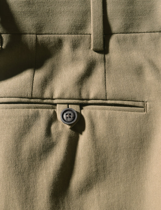 Detail shot of Brooklyn Tailors BKT50 Tailored Trousers in Cotton / Kapok Twill - Sonoran Green showing back pocket and fabric texture