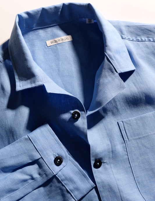 BKT19 Camp Collar Overshirt in Summer Weight Linen - Chambray Blue