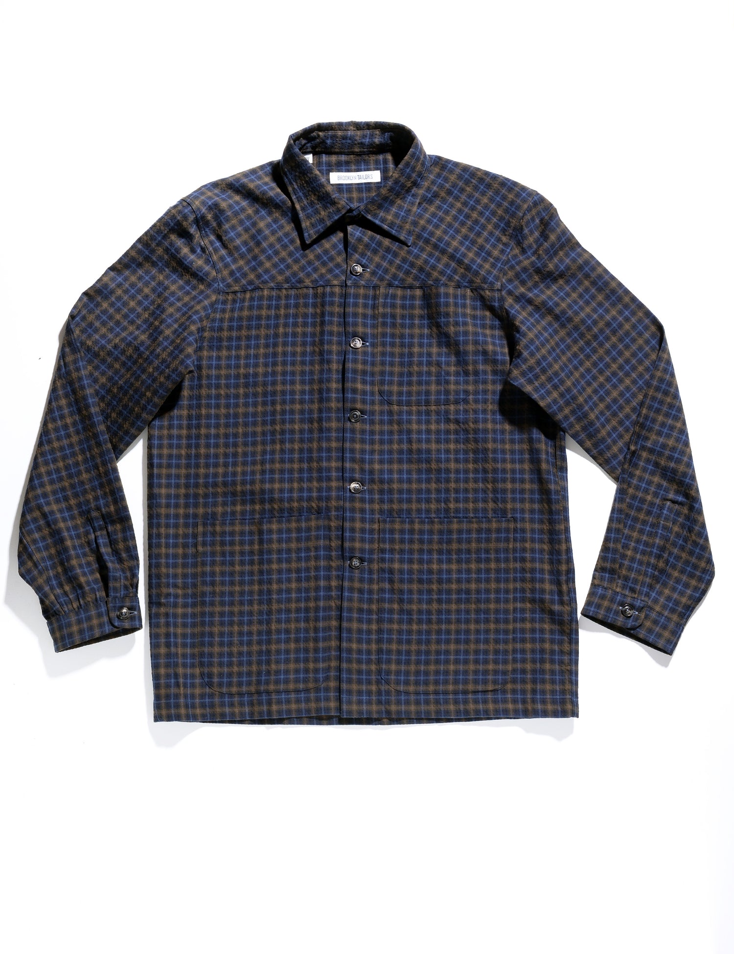 Full length flat shot of Brooklyn Tailors BKT15 Shirt Jacket in Crinkled Wool & Cotton - Autumn Check