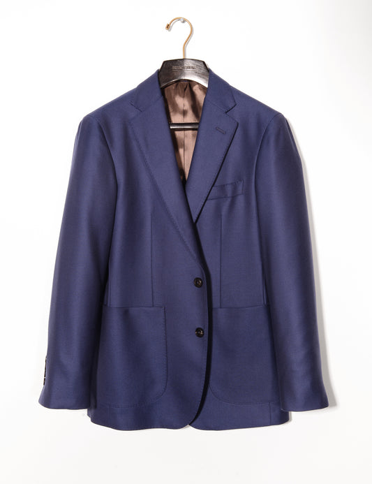 Brooklyn Tailors BKT35 Unstructured Jacket in 14.5 Micron Wool Twill - Ocean Blue full length shot on hanger