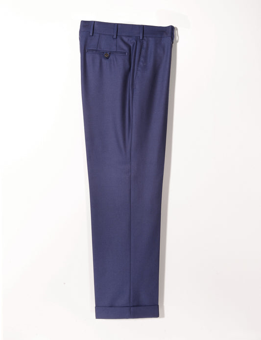 Side-folded full length flat shot of Brooklyn Tailors BKT36 Straight Leg Trouser in 14.5 Micron Wool Twill - Ocean Blue