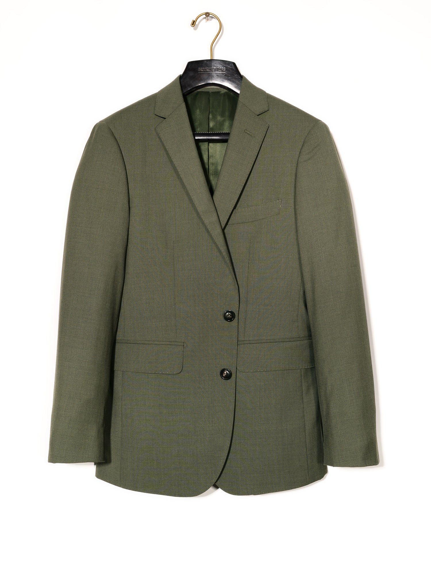 Brooklyn Tailors BKT50 Tailored Jacket in 14.5 Micron Mouliné - Agave Green full length shot on hanger